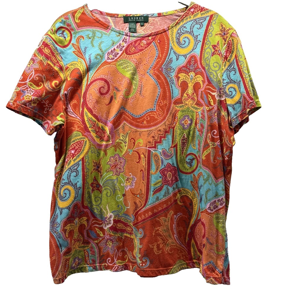 Lauren Ralph‎ Lauren To Size L/XL Colorful Artsy Rainbow Short Sleeves Pullover